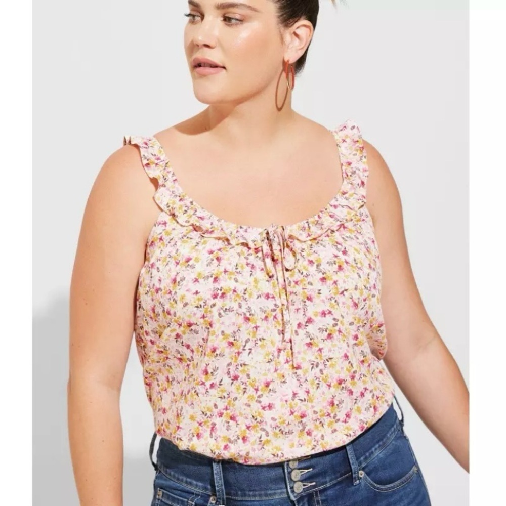 torrid Pink & Yellow Floral Ruffle Tie-Front Tank